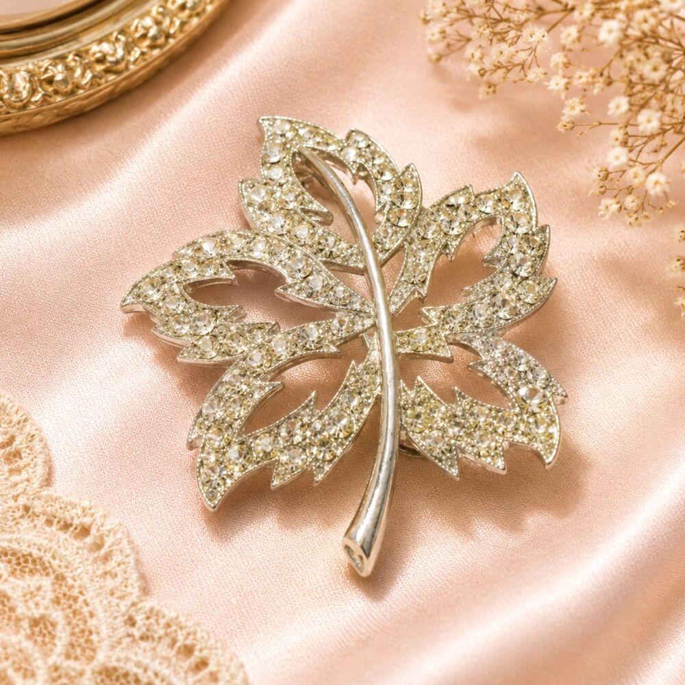 Vintage Signed Ora Silver Plated Rhinestone Leaf Brooch